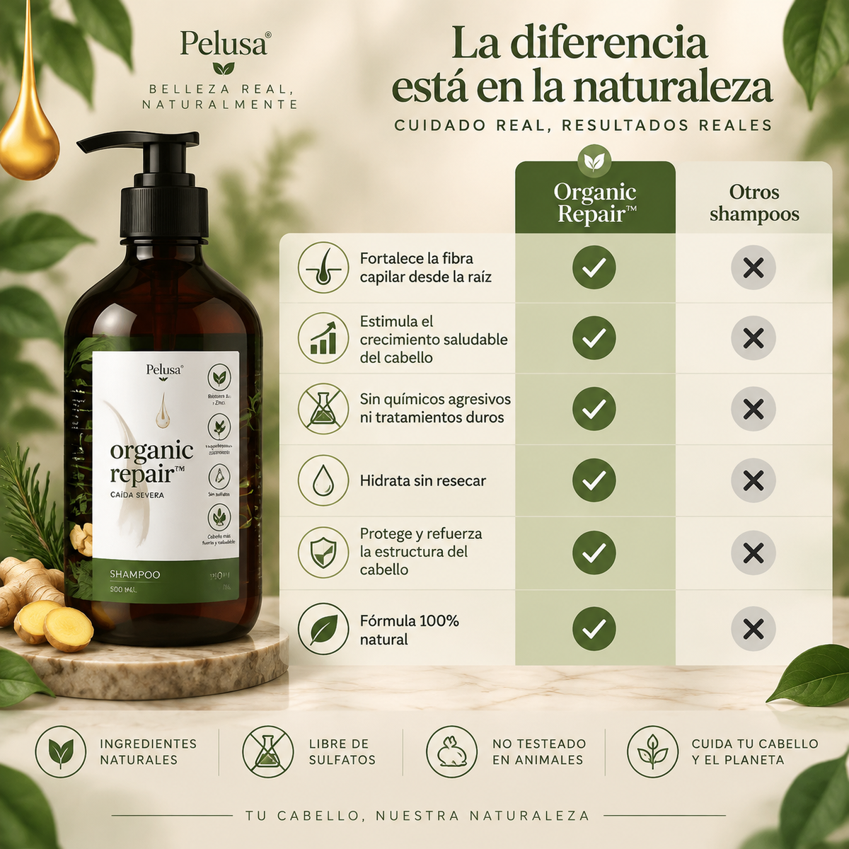 Organic Repair™ Shampoo para la caída severa de cabello. 500ml.